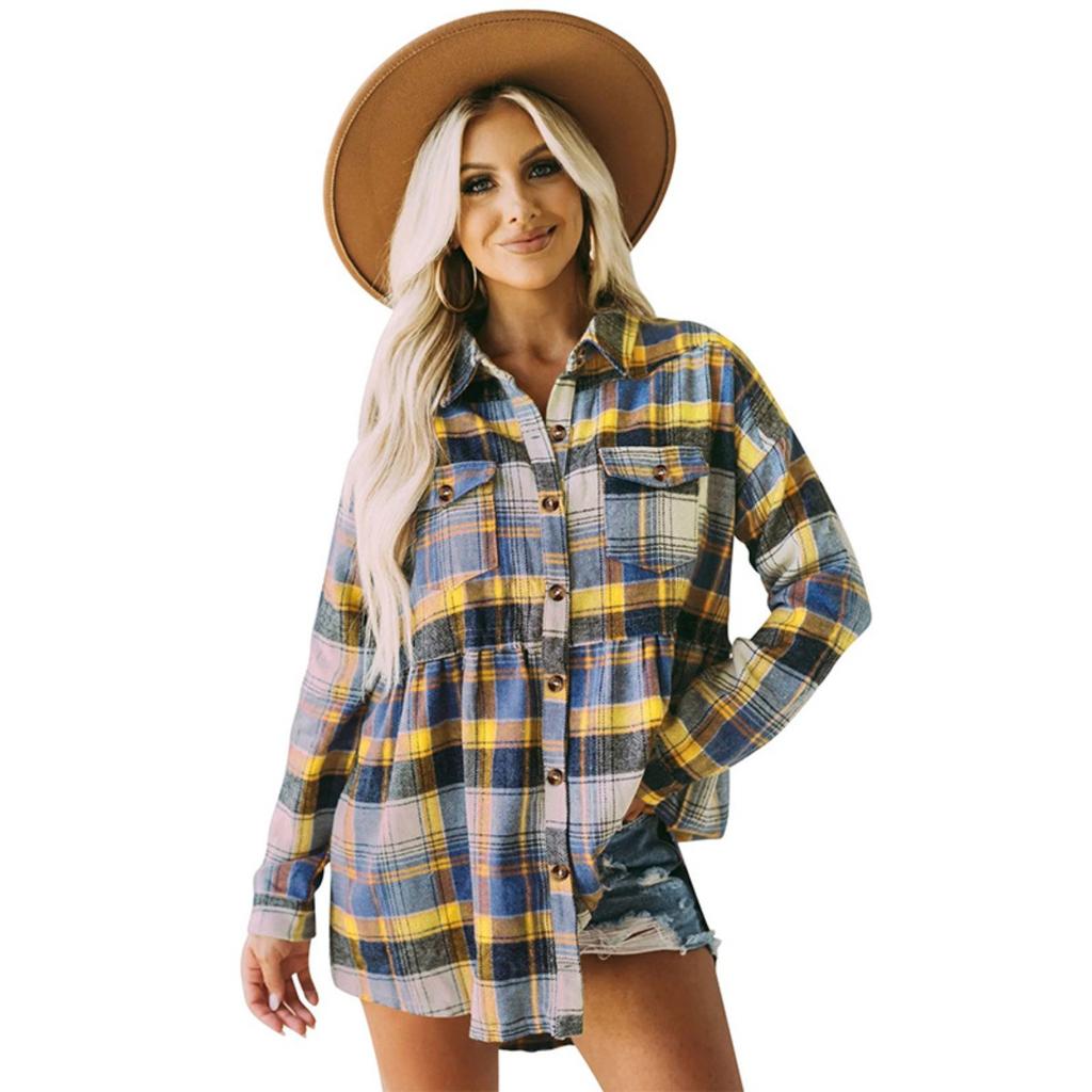Damen Karohemd, Herbst Winter Langarm Reverskragen Lässige Bluse Mit Tasche, Europäischer Amerikanischer Stil Damen Oberteil