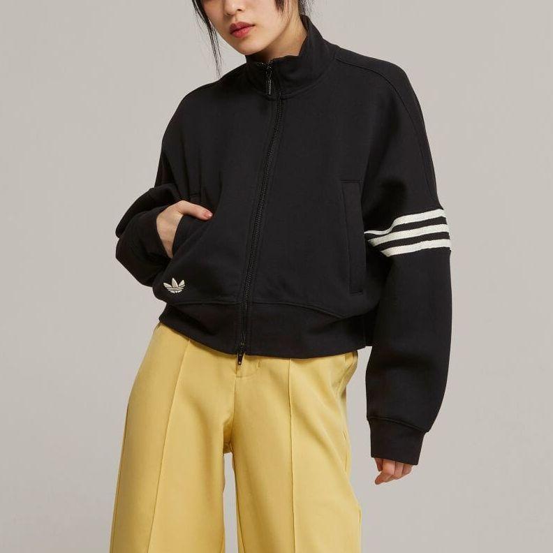 Adidas Originals Trefoil Logo Embroidered Stripe Zip-Up High Collar Track Jacket Women Outerwear Black IB7317