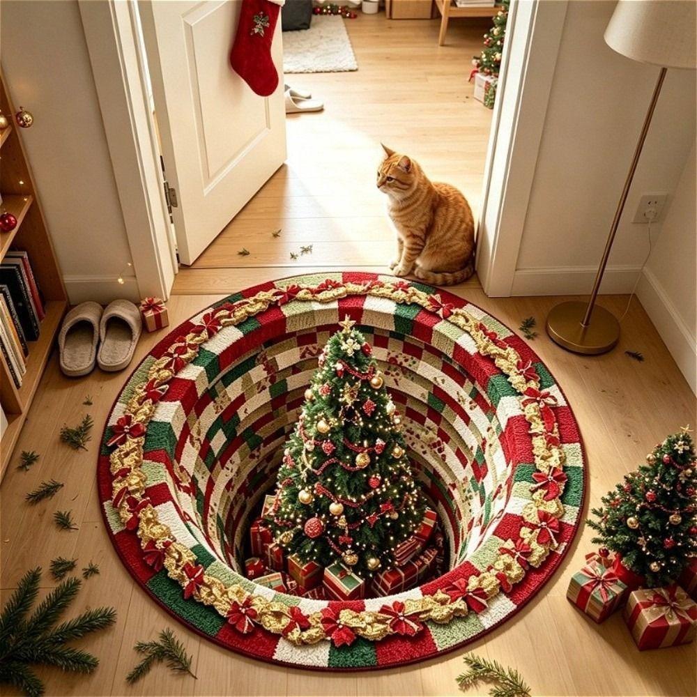 Polyester Christmas Round Rug 2D Flat Optical Delusion Doormat 3D Illusion Carpet  Festival Present