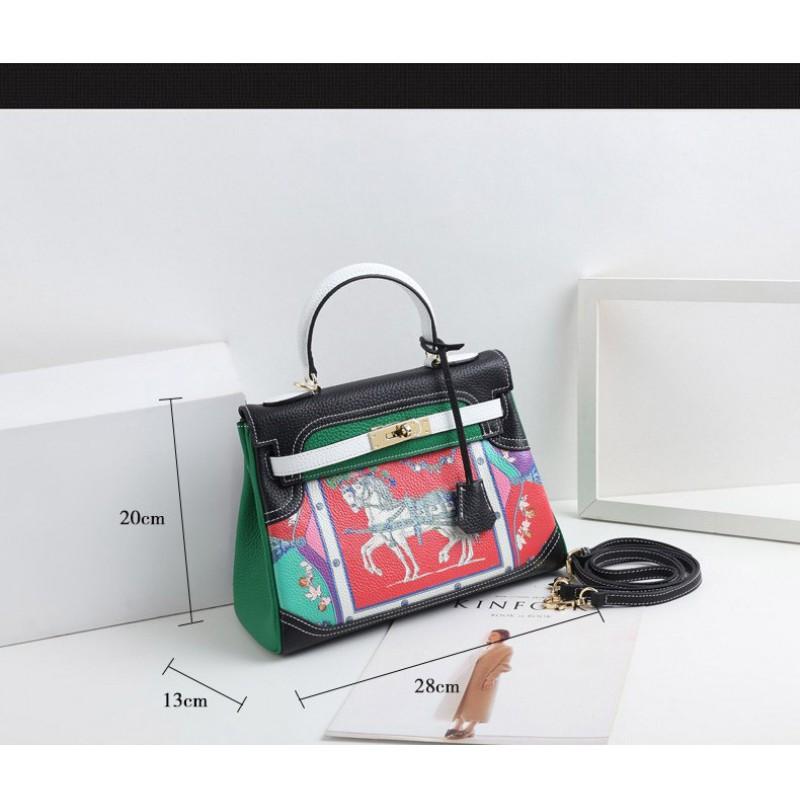 Borsa Kelli alla Moda Nuova con Fantasia a Cartoni Animati Vera Pelle di Mucca Primo Strato Borsa a Spalla Singola Diagonale da Donna