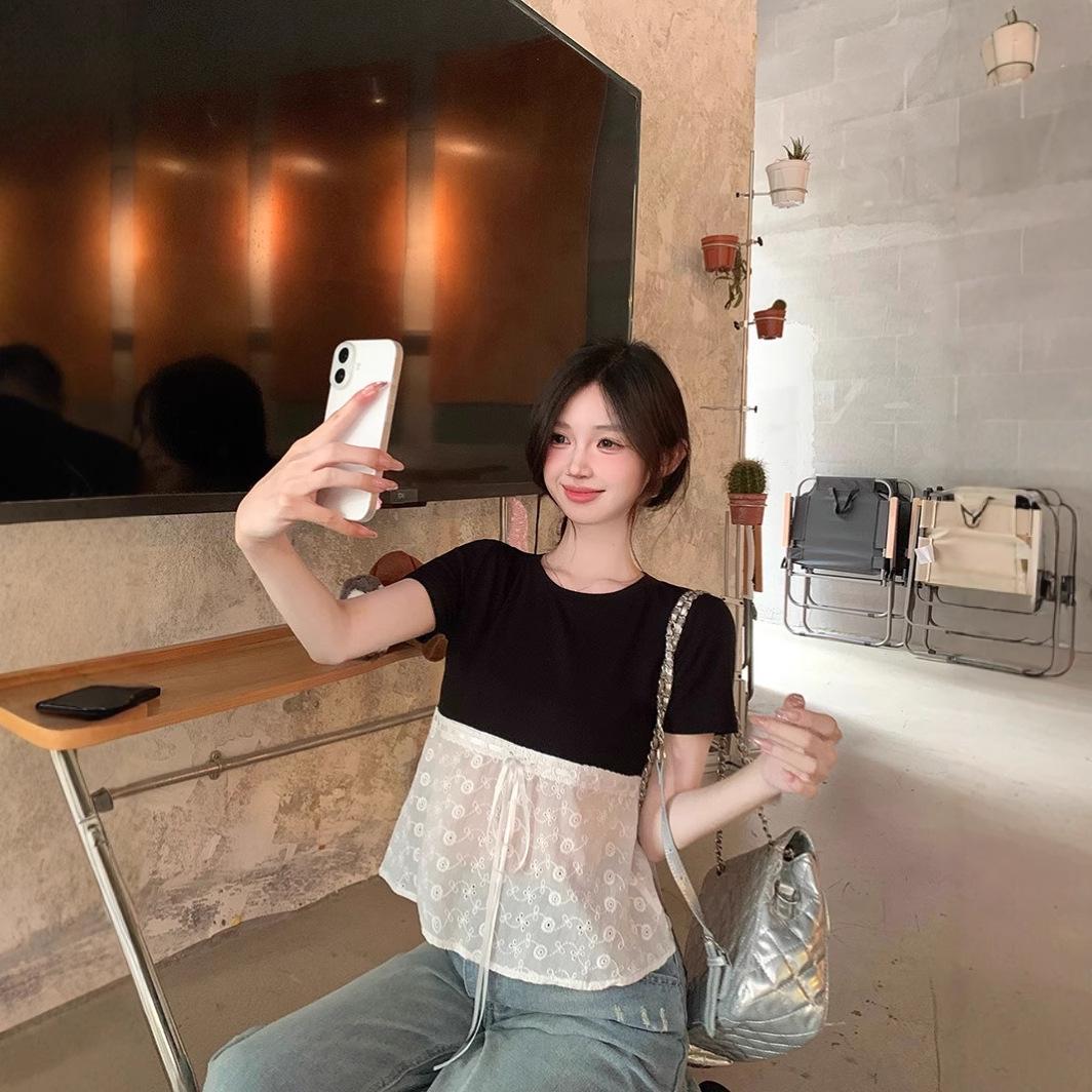 

Дизайн с кружевной отделкой по низу, приталенная женская футболка с коротким рукавом - Чистый, сексуальный, высококлассный повседневный летний стиль XL [Premium Version] чёрный