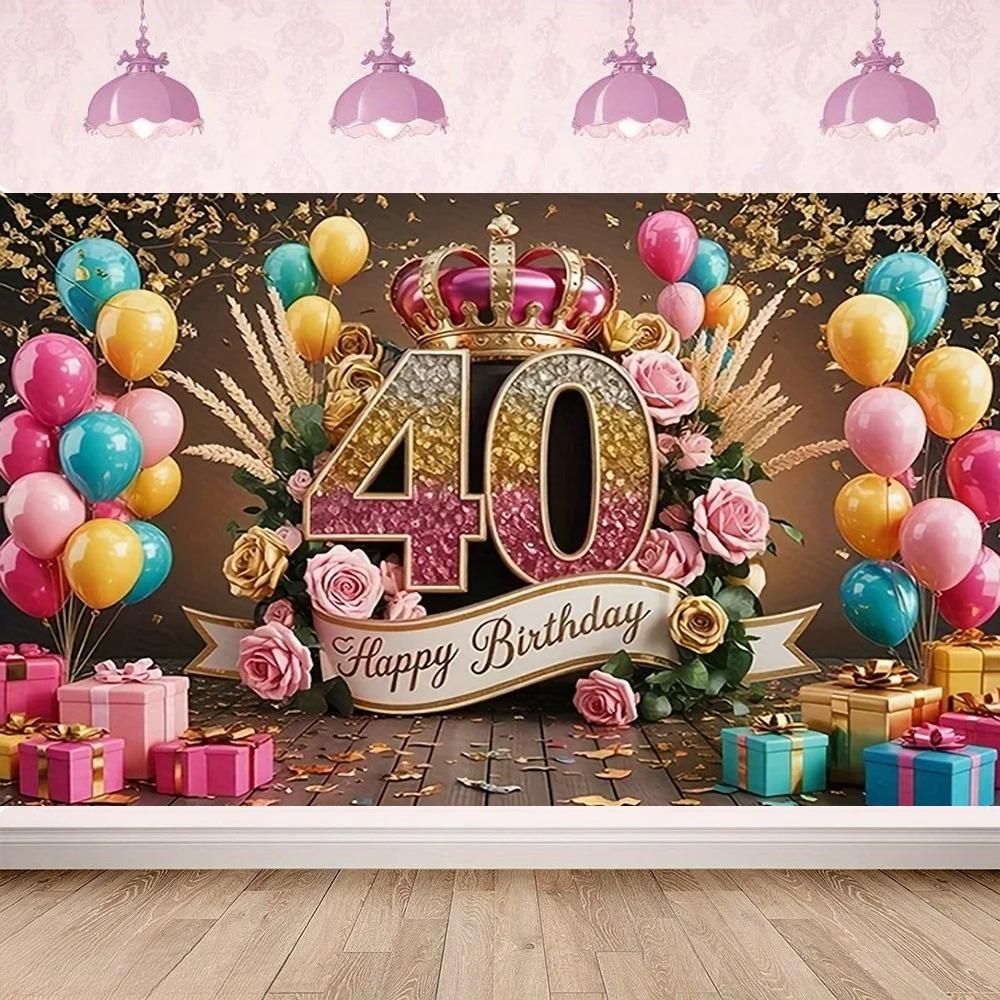 Bright Blue-green Gradient Gold Pink Theme 40th Birthday Banner Background Adult Birthday Party Decoration Photography Backdrop