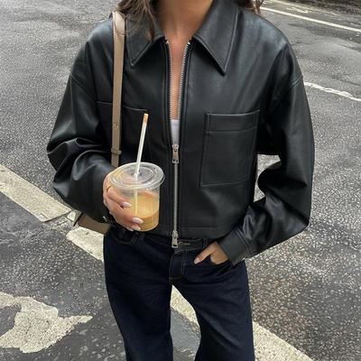 Autumn Winter Women's Black Faux Leather Cropped Jacket Zip Up Lapel Bomber Coat