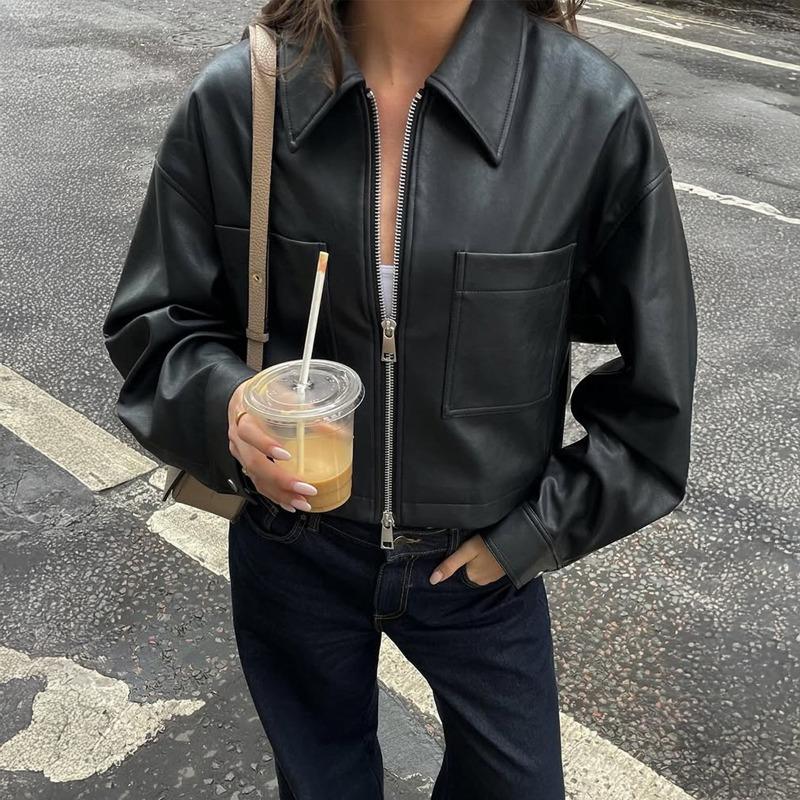 

Autumn Winter Women s Black Faux Leather Cropped Jacket Zip Up Lapel Bomber Coat S