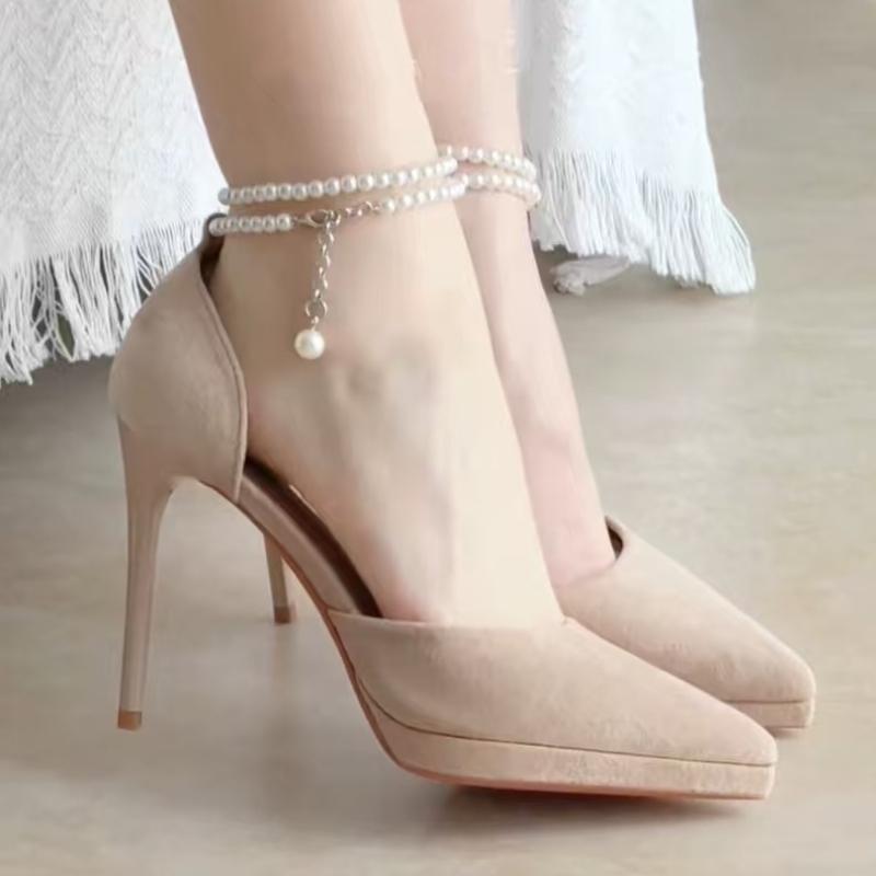 Fashion Pumps Women's Pearls Ankle Strap Stiletto Heel Stiletto Strap Pearl Butterfly Pointed Shoes Women's Banquet High Heel Sandals