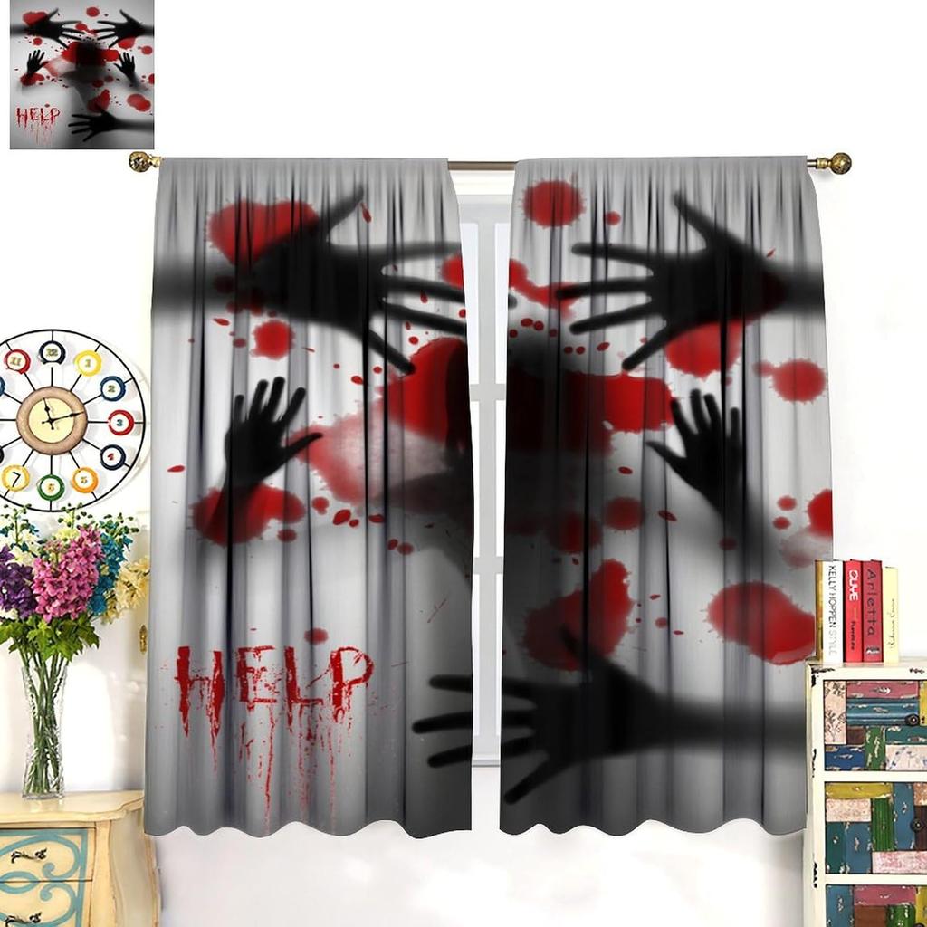 Horror Blood Splatter Hand Curtain Gothic Spooky Scary Halloween Window Decor Drapes Costume Party Home Movie Theme Art