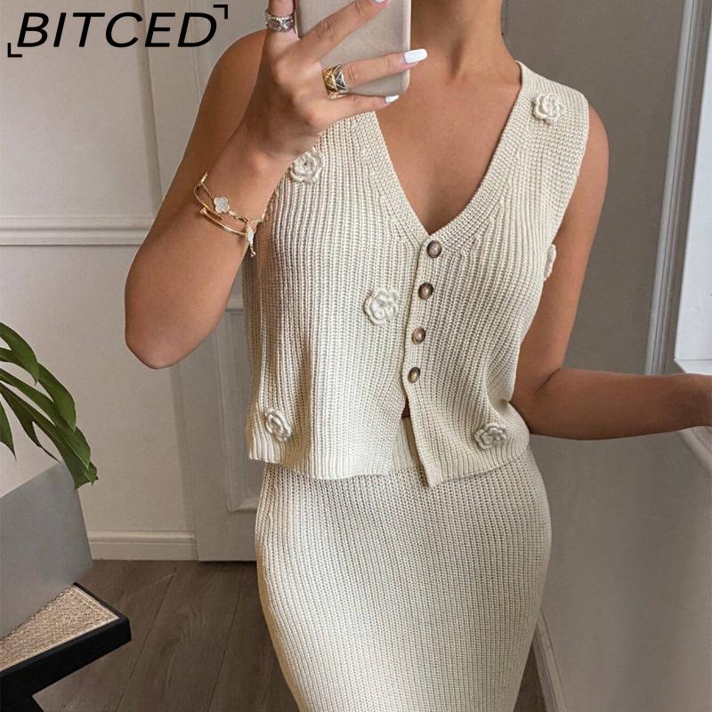 BITCED Spring/Summer 3D Floral Knit Waist-cinched Dress with Sleeveless Vest Top Two-Piece Set