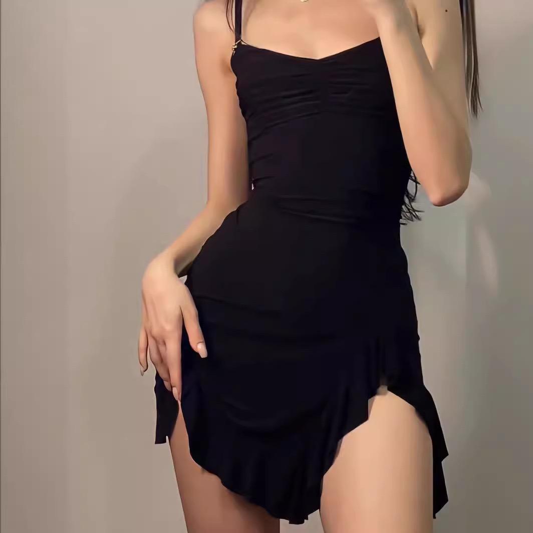 Summer Sexy Women s Sleeveless Mini Dress Backless Strap Black Bodycon Split A-Line Elegant Streetwear Party Wear S чёрный