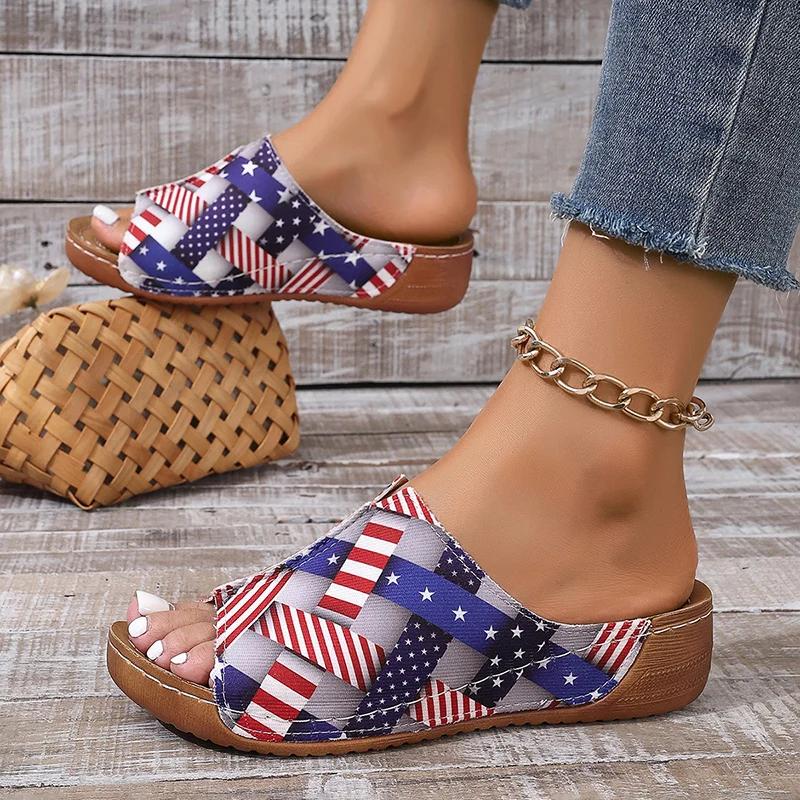 Fashion Star&stripe Platform Slippers for Women Open Toe Thick Bottom Slides Woman Summer Pu Leather Non-Slip Beach Flip Flops Female
