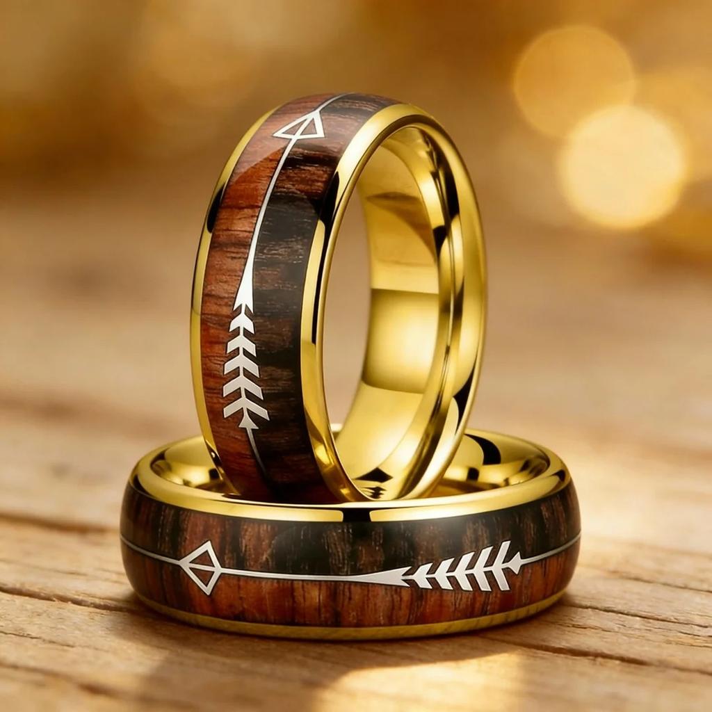Fashion 8mm Gold Color Stainless Steel Rings for Men Women, Inlaid Arrow Hawaiian Koa Wood Rings, Men Wedding Band Jewelry