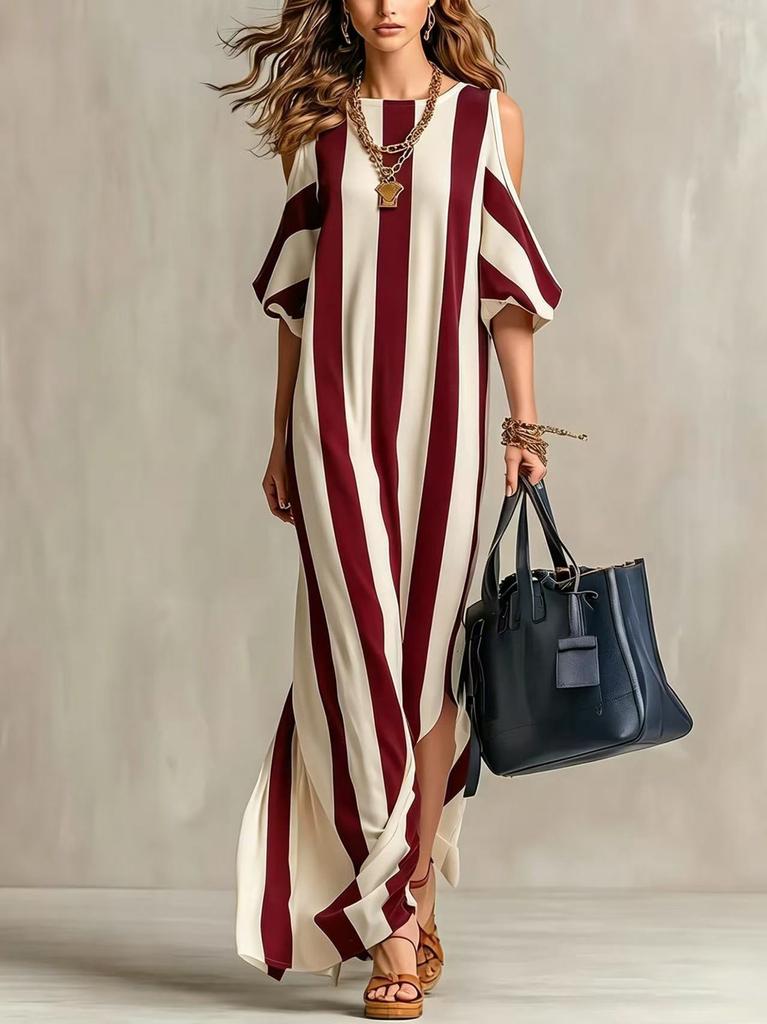European and American Striped Off-the-shoulder Short-sleeved Skirt Loose and Thin Split-ended Holiday Long Dress Women's Summer