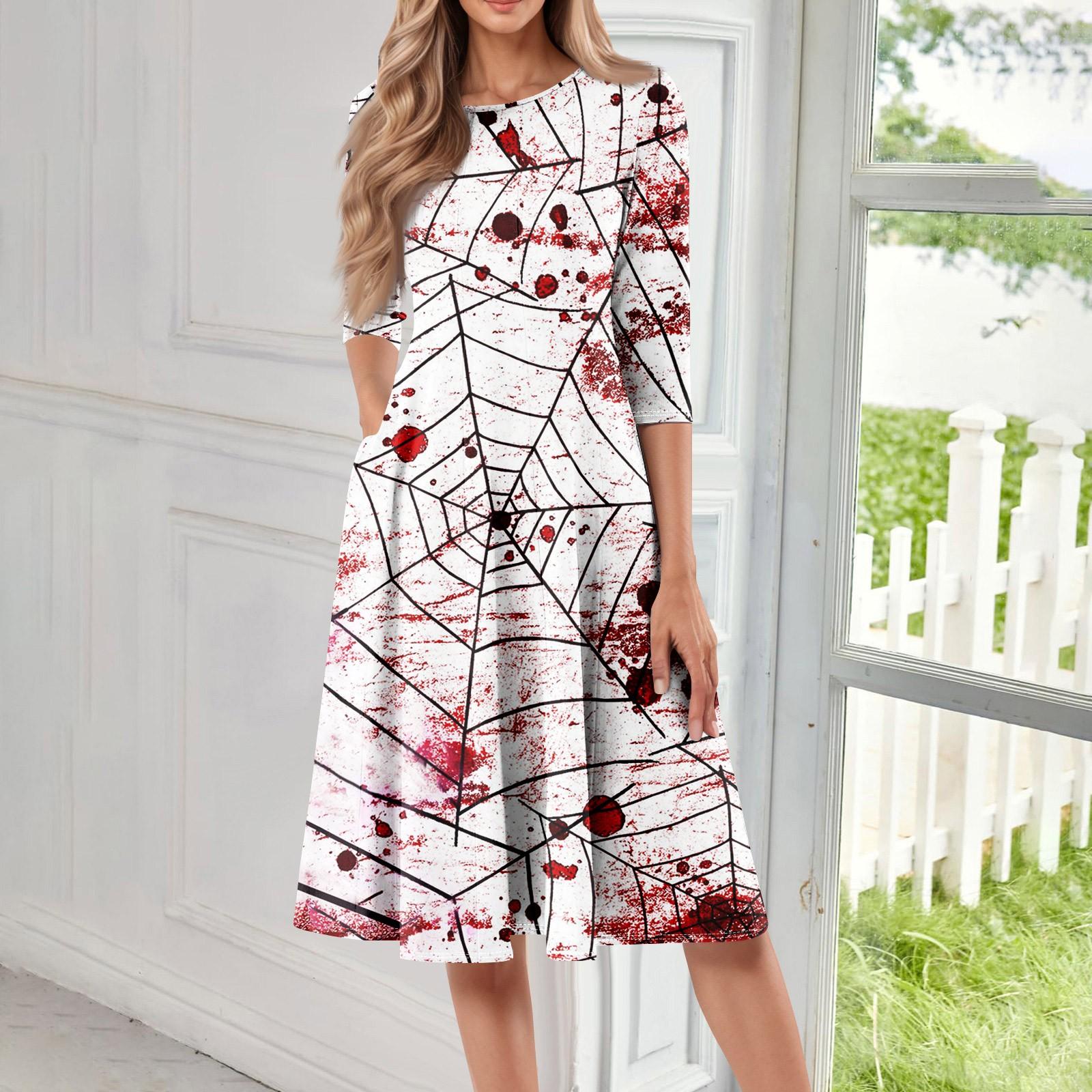 

Женское повседневное модное миди-платье с круглым вырезом, рукавом три четверти и принтом на Хэллоуин L