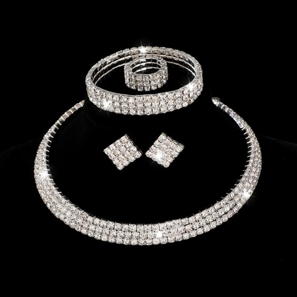 4Pcs Shiny Bridal Jewelry Set Multilayer Rhinestone Choker Special Occasions