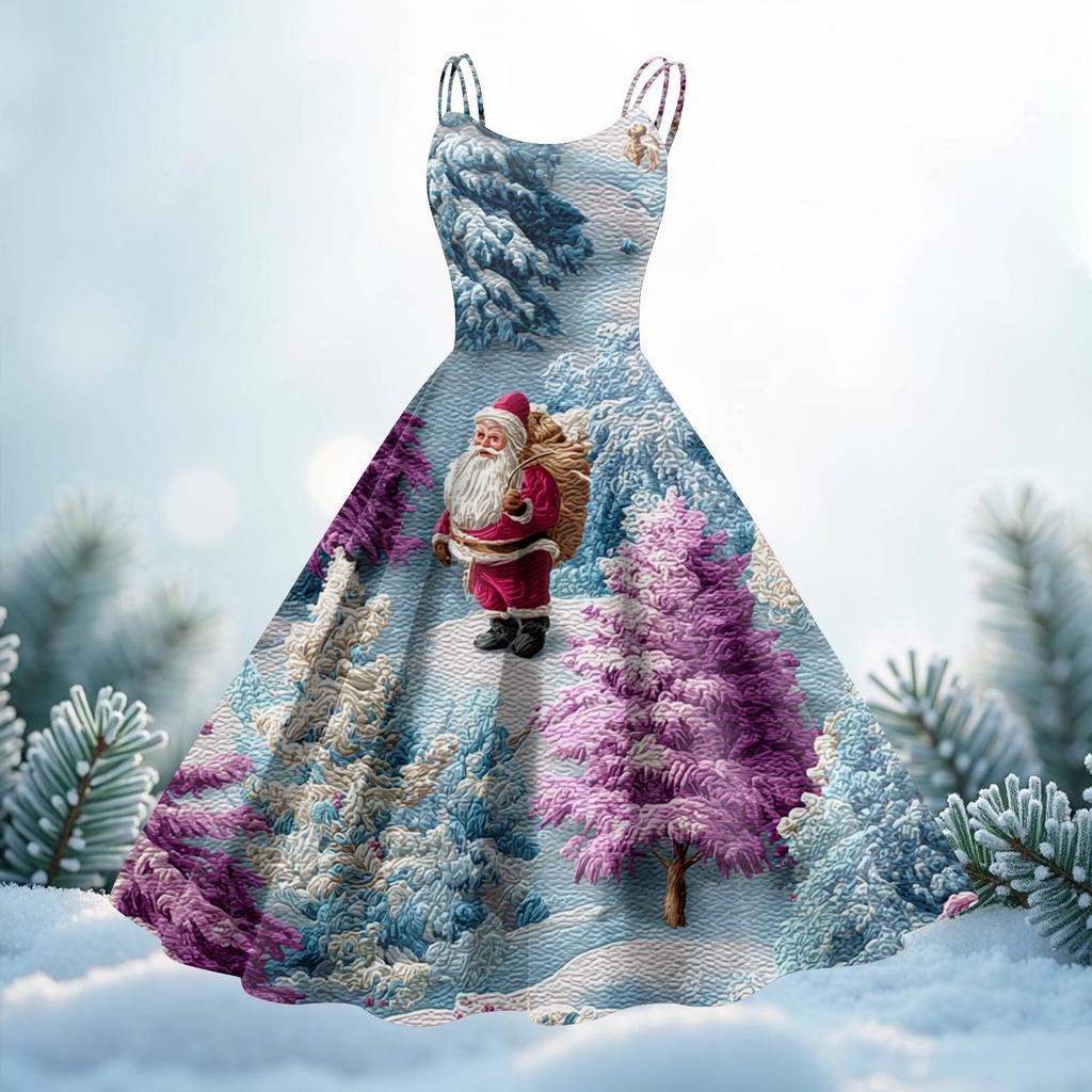 Women's Christmas Print Casual Fashion Round Neck Mid-Length Dress