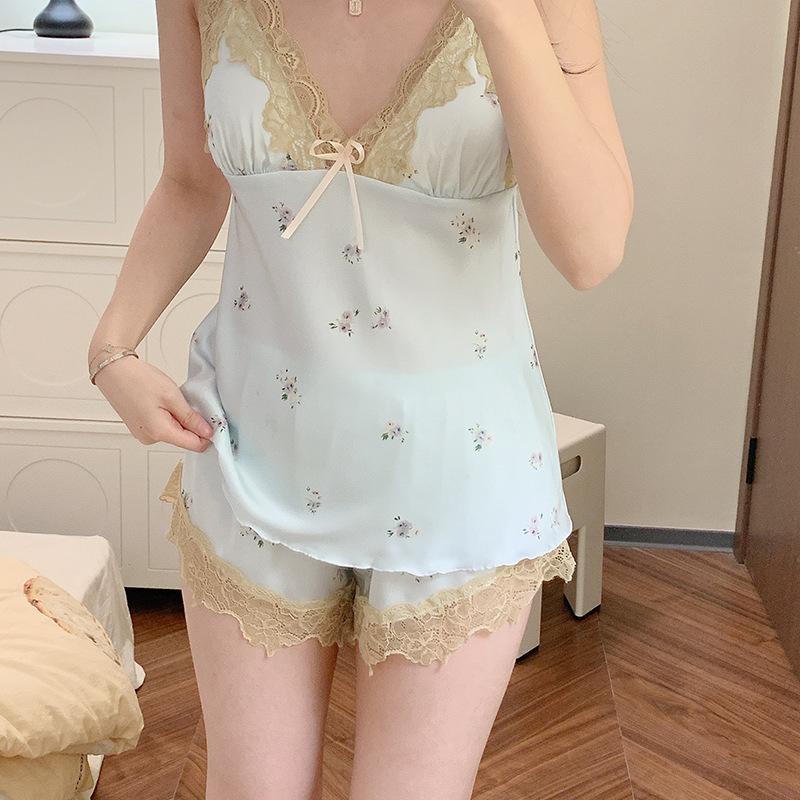 New ice silk pajamas set Internet celebrity print lace casual thin summer suspender shorts spring and autumn