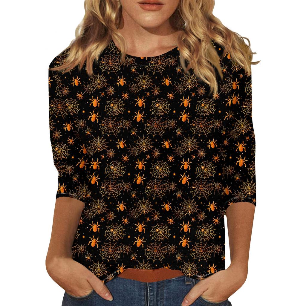 Women's Fashion Casual Round Neck 3/4 Sleeve Loose  Printed T-Shirt Ladies Top