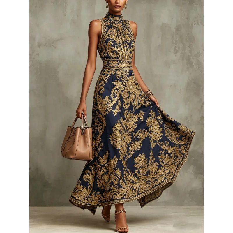 Style européen et américain, robe longue rétro brodée d'or, robe de soirée fine et ajustée pour femmes