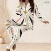 Women Plus Size Two Piece Set Half Zip Long Sleeve Geometric Printed Long Top And Fitted Pants