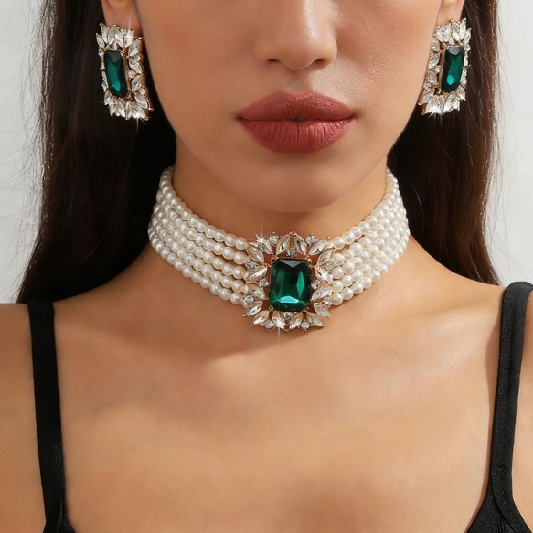 Chic Geometric Design Colorful Crystal Accented Layering Pearls Necklace And Earrings Jewelry Set for Gatherings