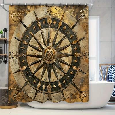 Vintage Compass Wheel Waterproof Shower Curtain Home Decor Collection Bath Accessories for Kids Bathroom Brown 3D Design 72x84 I