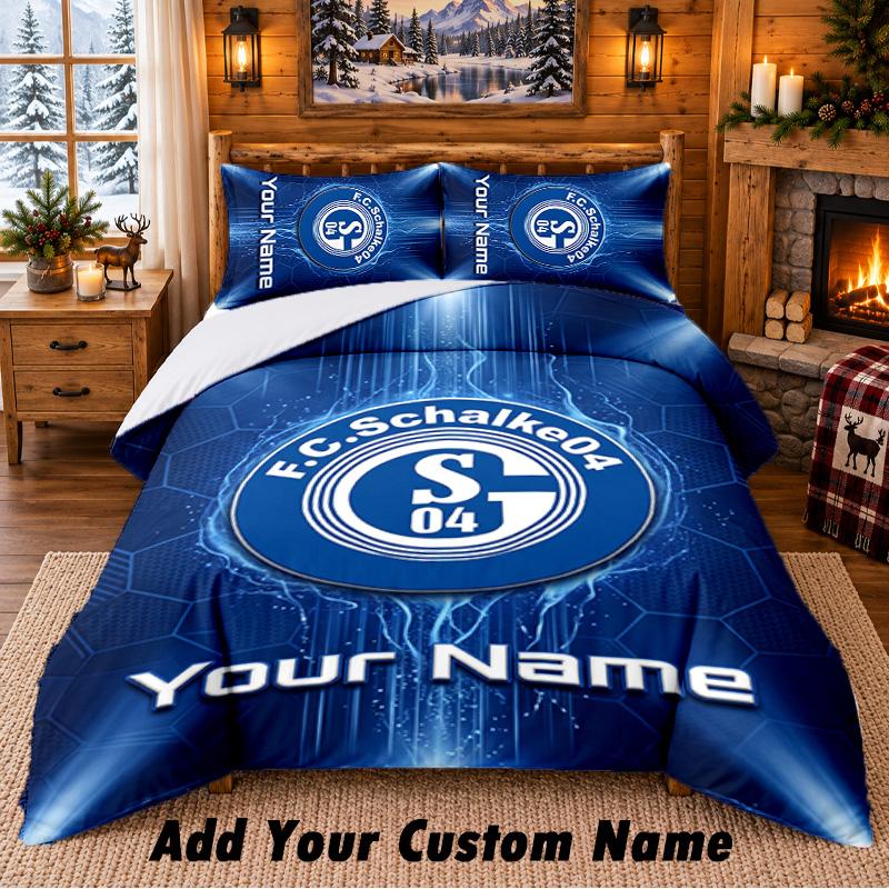 Schalke 04 FC Pattern Bedding 3Pcs Set Custom Name, Bed Sheet And Pillowcases For Home Bedroom