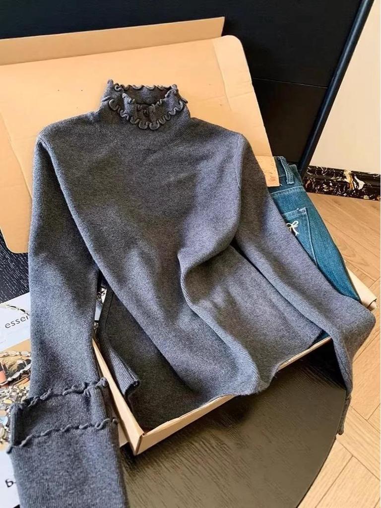 Women's Chic Solid Color Half-High Collar Top with Wood Ear Edge for Autumn & Winter