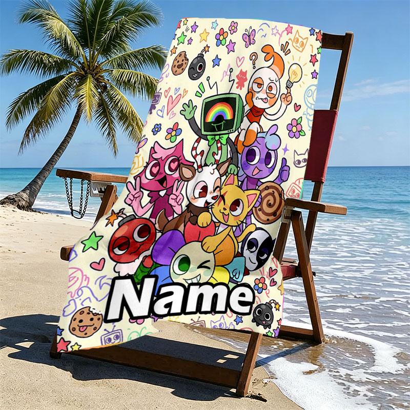 Custom Name Personalized Dandy's World Print Beach Towel, for Trip Camping Beach Party Home Decor, Birthday Gift for Family & Friends