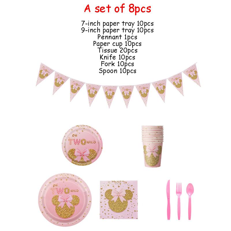 Birth Date Celebration Supplies Collection Minnie Mouse Style Pink Gold Glitter Disposable Utensils Children Birth Date Tableware Decor Favors