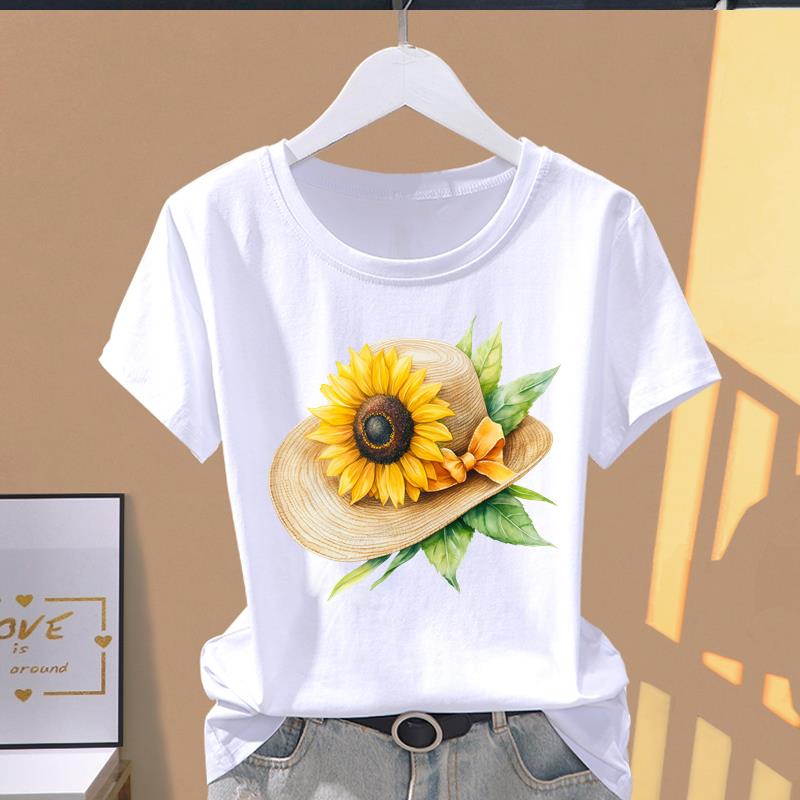 (Asian Size) Letter Flower Trend Short Sleeve T-shirts Women's Top T Clothing Print  Fashion Female Casual O-neck Graphic Tee