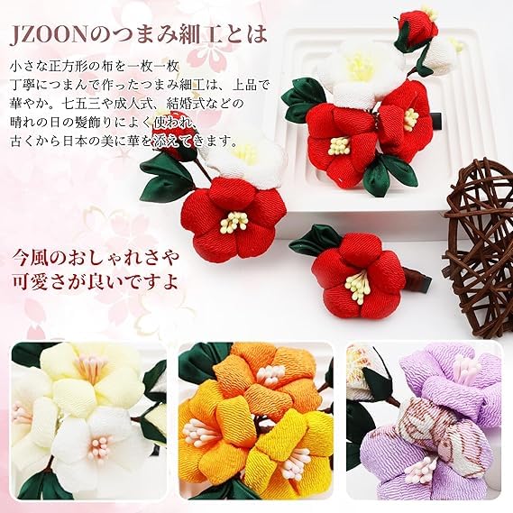 JZOON Hair Ornament Set with Tsumami Zaiku Colors Perfect for and 3-Piece (5 Available) - Camellia, Pearl, Handmade, Coming-of-Age Ceremonies,