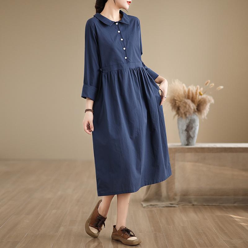 2025 new 6-color 4-size linen dress women's pullover long-sleeved medium and long solid color cotton and linen dress