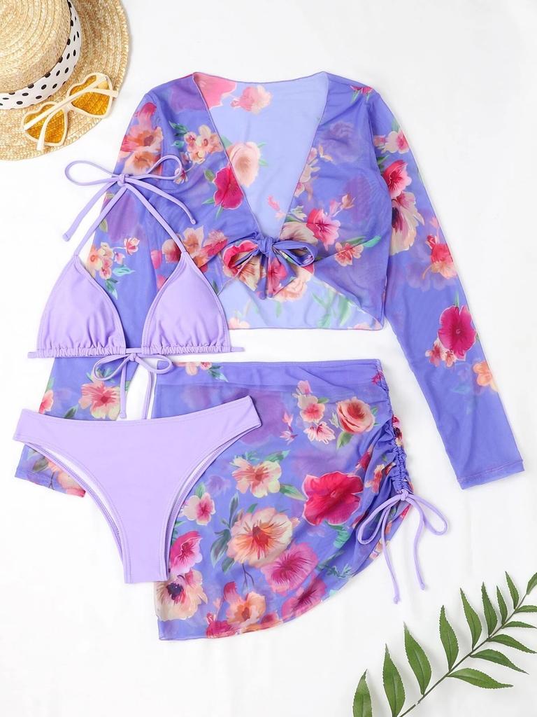 Women Fashion Bikini Set 4 Pieces Floral Printed Swimwear Set Halter Backless Top Briefs Long Sleeves Drawstring Cover-ups Swimsuit Sexy Bathing Suit