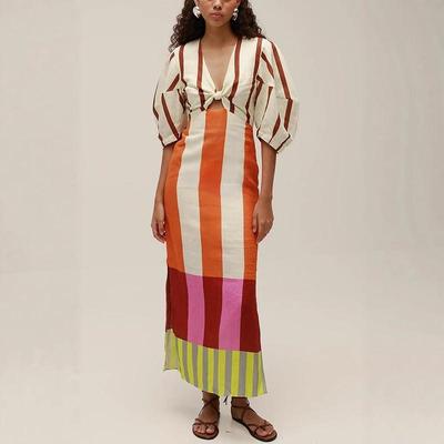 Women's Multicolor Stripe Maxi Dress V Neck Puff Sleeve Loose Boho Summer Long Dress