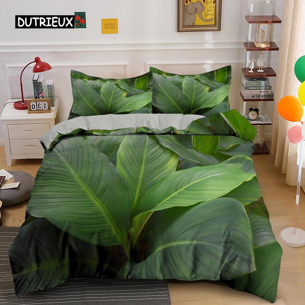 Tropiska Botaniska Blad Kung Drottning Påslakan Grön Palmblad Polyester Sängkläder Set för Barn Tonåringar Vuxna med Örngott