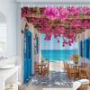 Mediterranean Sea View Shower Curtain Pink Flowers Blue Door Ocean Scene Waterproof Bathroom Decor Coastal Style Home Textile