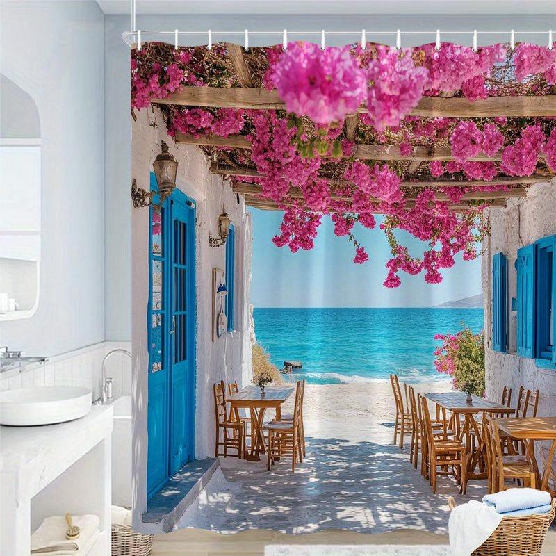 Mediterranean Sea View Shower Curtain Pink Flowers Blue Door Ocean Scene Waterproof Bathroom Decor Coastal Style Home Textile