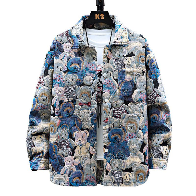 Men's Trendy Denim Bear & Flower Jacket - Cotton, Loose Fit, Wear-Resistant, Big Sizes Available