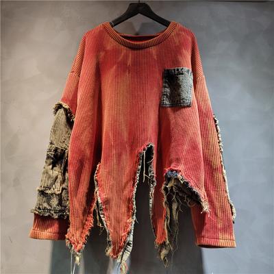 Damen Herbst/Winter Einzigartiger Patchwork Asymmetrischer Pullover Retro Distressed Batik Langarm Strickpullover