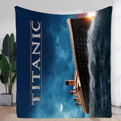 Titanic Movie Poster Blanket - Luxurious Soft Fleece Throw Featuring Iconic RMS Titanic Ship Design, Elegant Gold and Blue Gradi