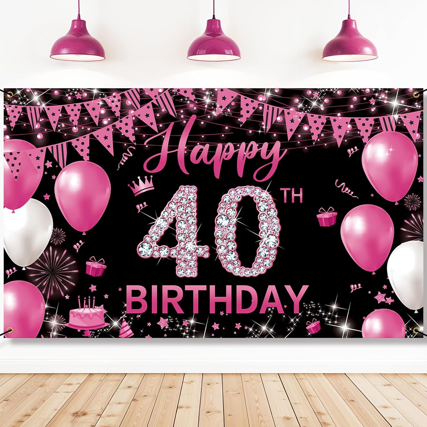 Fabric 40th Birthday Banner Backdrop Hot Pink, Happy 40th Birthday Decoration for Women, 40 Year Old Birthday Party Yard Sign Photo Props Decor
