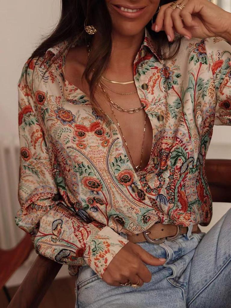 European Summer Casual Women's Long Sleeve Printed Lapel Shirt