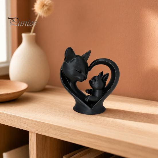 Cute Cat Home Decoration Mother Baby Figurine, 3D Printed Heart Sculpture for Desk Decor, Smooth Surface Statue Modern Art Living Room Study,