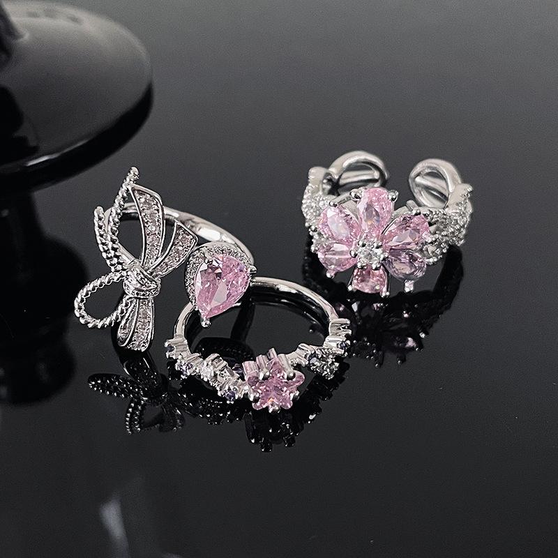 Růžová série Mašlička Plný diamant Zir***** Pero Prsten Květina Lehký luxus Špičkový niche design Prsten