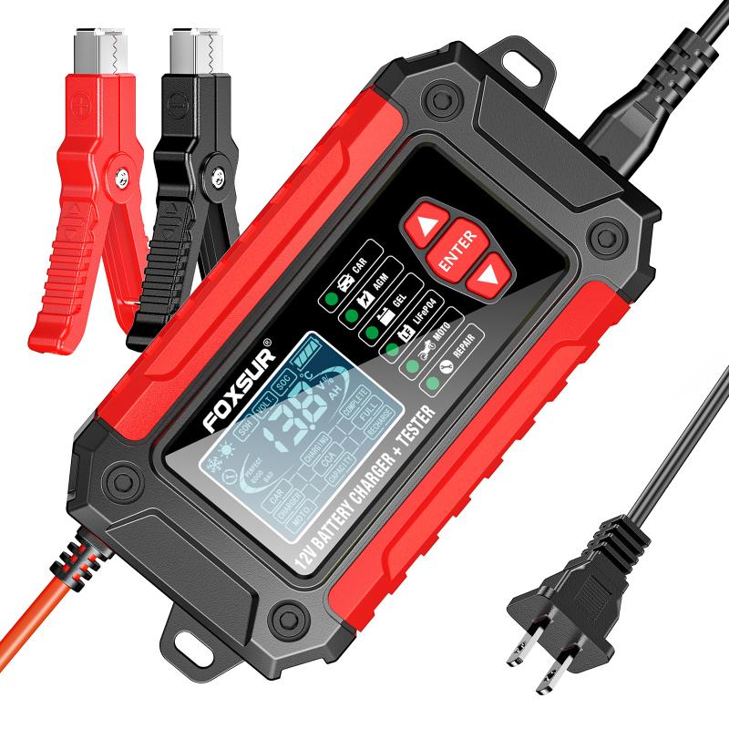 FOXSUR 12V 6-Amp Battery Charger /Tester for Motorcycle Car Battery Charger /Tester Support Car Battery Health Check and Repair