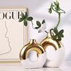 2-Piece Boho Ceramic Vase Set - White & Gold Round Bud Vases, Elegant Home Decor for Centerpieces, Living Room & Kitchen