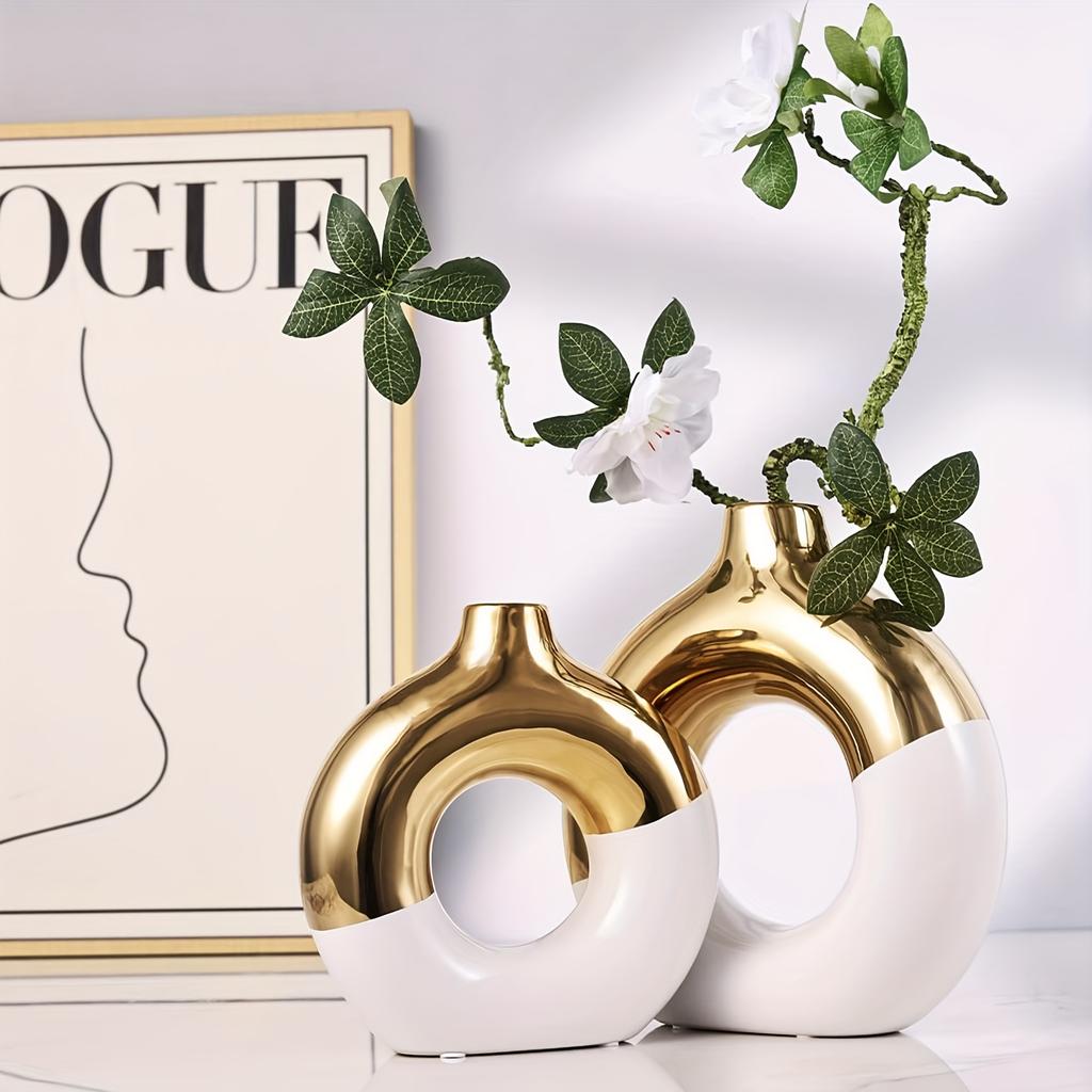 2-Piece Boho Ceramic Vase Set - White & Gold Round Bud Vases, Elegant Home Decor for Centerpieces, Living Room & Kitchen