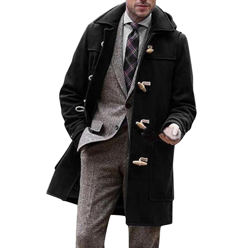 Men's Winter Lapel Thickened Ox Horn Button Coat Outdoor Warm Tweed Coat