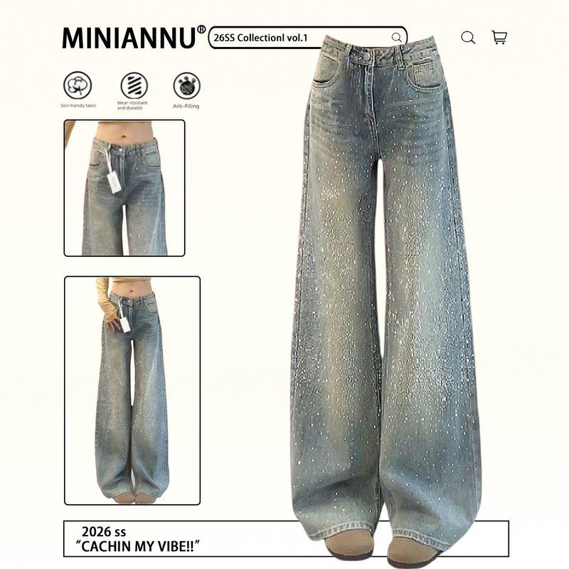 

Plus-Size Women s Jeans with a Starry Rhinestone Design, Korean Fashion Style, Elegant Wide-Leg Pants for Women Blue 6XL