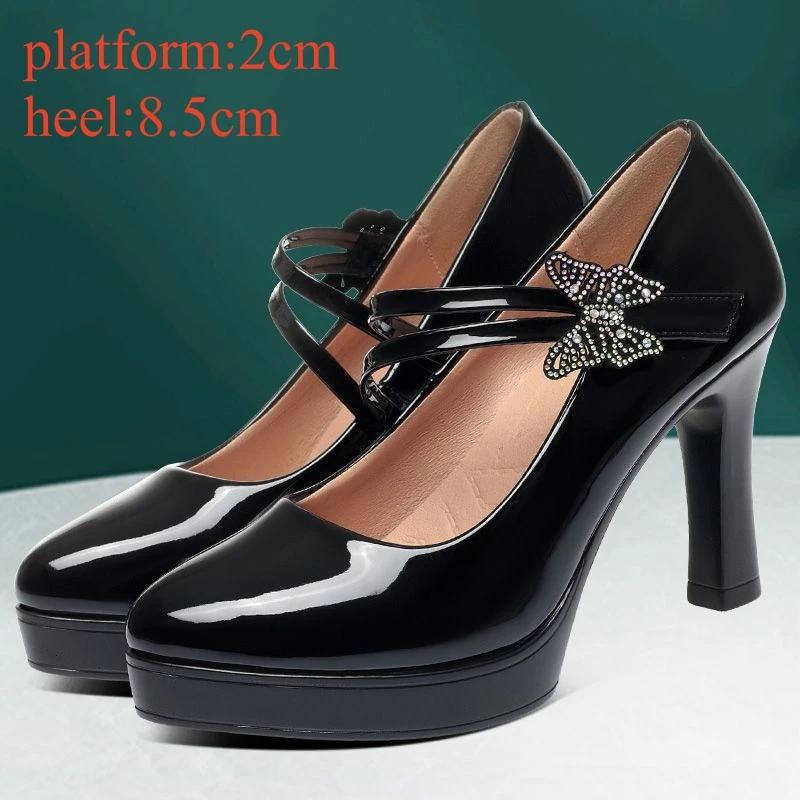 

6,5 см 8,5 см Элегантные туфли на платформе со стразами-бабочками Мэри Джейн с неглубоким вырезом 2025 Блочный высокий каблук Туфли-лодочки Офис Модель Платье Мама 37