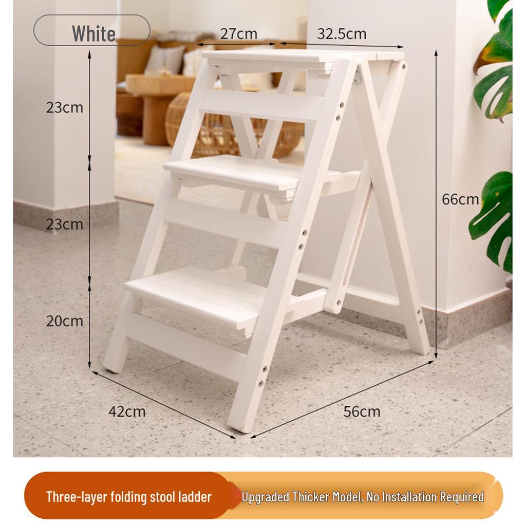 Solid Wood Foldable Ladder with Non-Slip Steps - Multi-Functional, Portable, Stackable, and Ideal for Household Climbing and Storage.